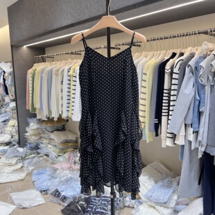 拼接波点吊带连衣裙女欧货2026夏韩版 显瘦仙女裙荷叶边A字裙7608