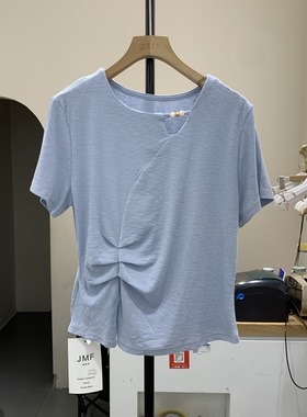 法式开叉正肩短袖t恤女2026夏季新款独特漂亮设计感小众上衣1515