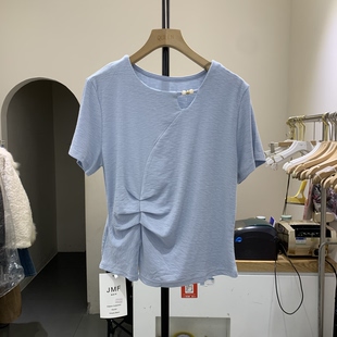 法式开叉正肩短袖t恤女2026夏季新款独特漂亮设计感小众上衣1515