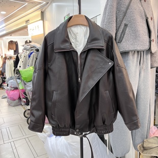 羽绒内胆2025冬新款 宽松休闲百搭翻领皮衣外套女机车服上衣80208