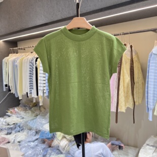 半高领白色无袖冰丝针织衫T恤女新款夏季正肩宽松打底上衣薄17018