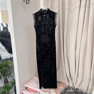 蕾丝拼接丝绒连衣裙女新中式26春夏新款修身女神范旗袍中长裙0419