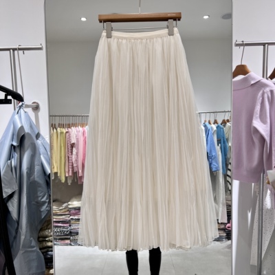 春夏女松紧腰半身裙纯色简约休闲中长款A字裙雪纺百褶裙三层9115