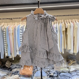 韩系复古格子蝴蝶结挂脖吊带背心新款夏季宽松显瘦无袖上衣26855