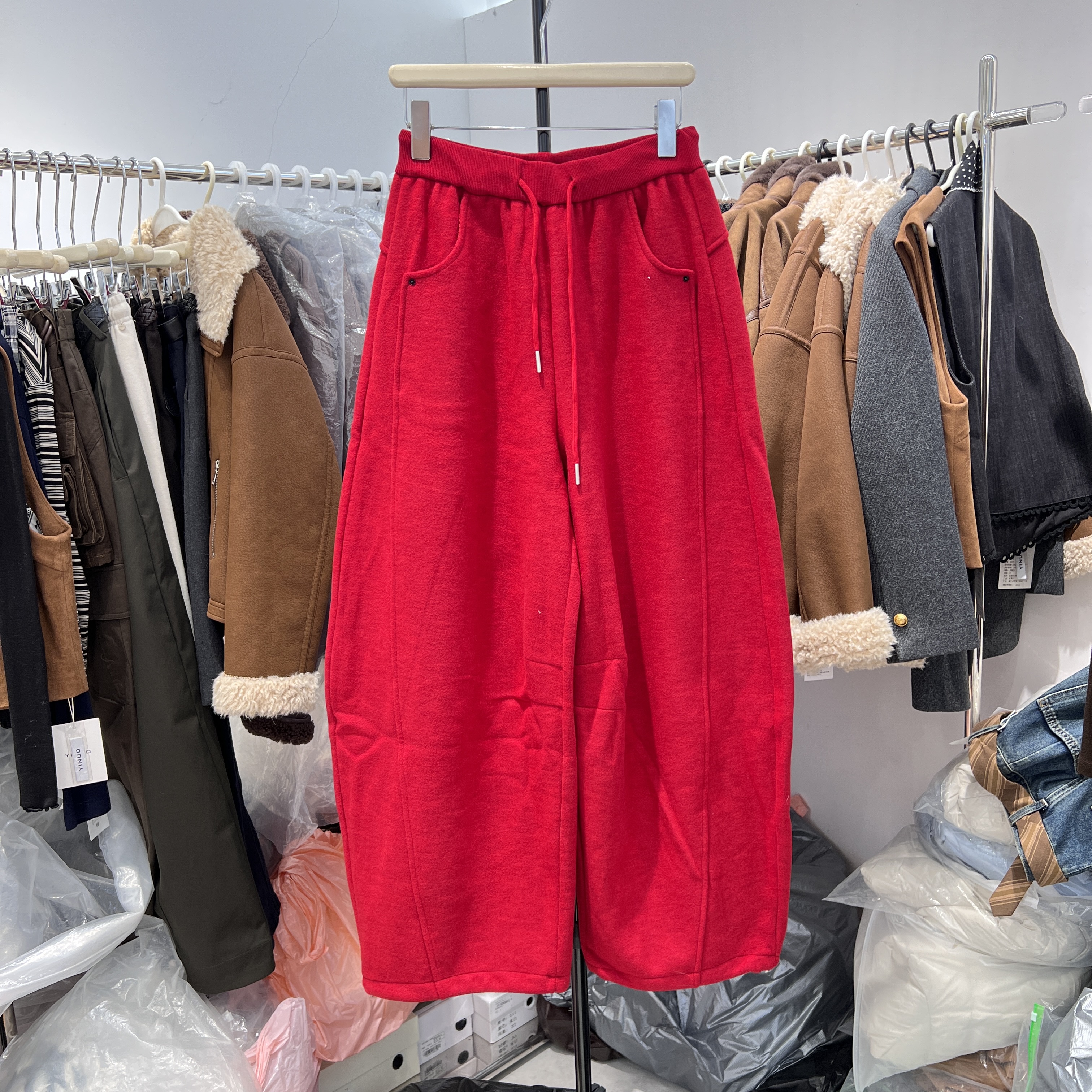 GMS歌玛索加绒裤脚收绳松紧腰弯刀裤女冬季加厚毛呢阔腿裤子35360