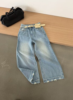 DIMO8705脚口磨破百搭八分直筒裤女2026夏新莱赛尔薄料阔腿牛仔裤