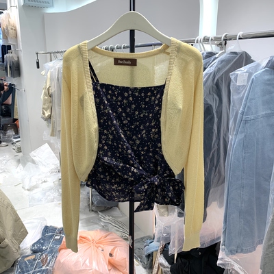 2026春装两件套法式碎花吊带蝴蝶结雪纺衫百搭针织开衫套装66018