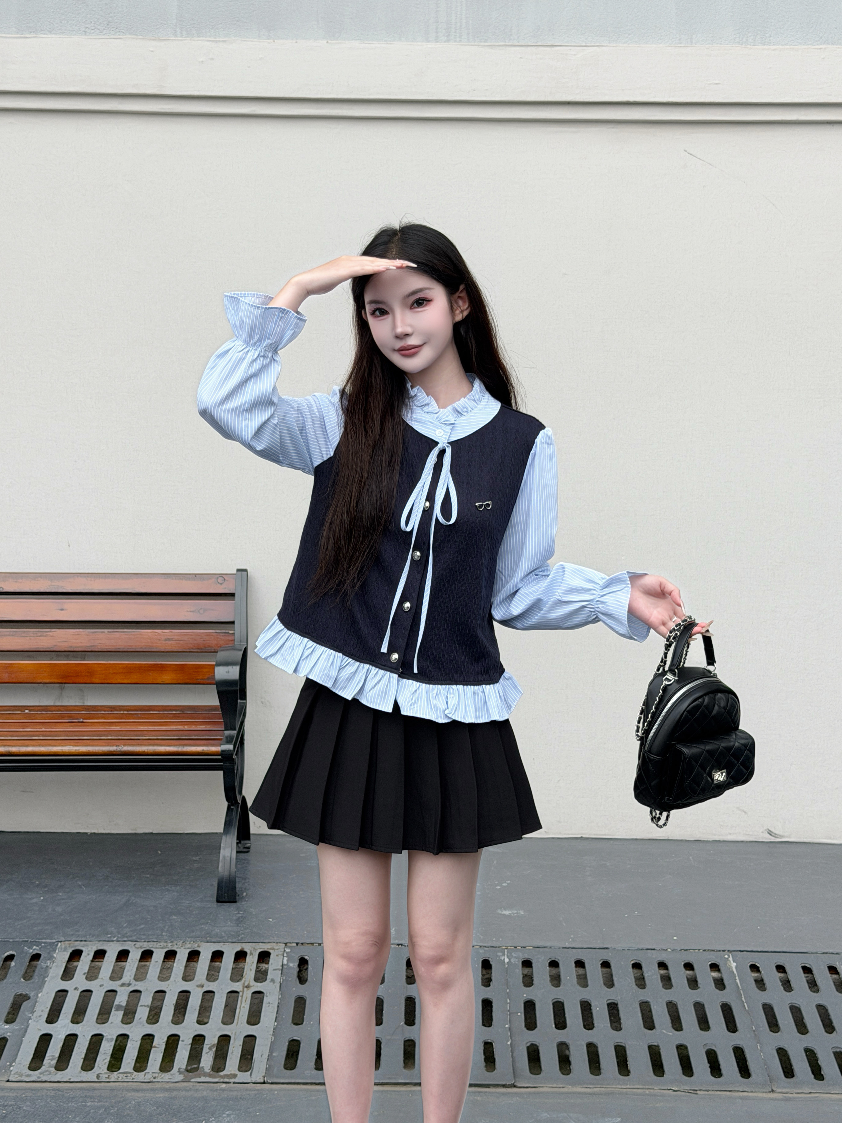 学院风蝴蝶结荷叶边宽松显瘦衬衫女秋季新款拼接假两件减龄上衣