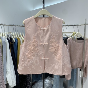 新中式 盘扣外套662 国风马甲背心女复古刺绣提花坎肩叠穿马夹无袖