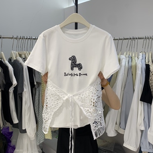 女别致洋气上衣6038 新款 卡通小马刺绣配蕾丝屁帘短袖 T恤2026春季