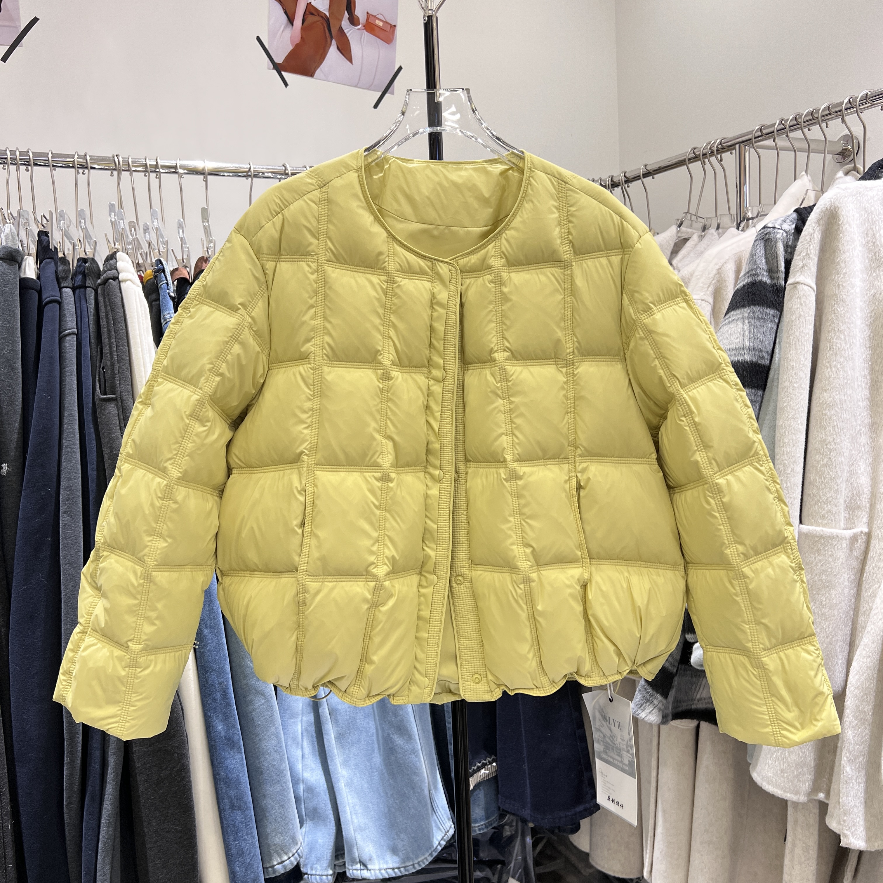 欧货2025冬新款韩系宽松圆领气质方格超暖和90绒羽绒服外套女9703