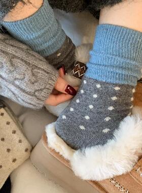羊毛保暖袜子女中筒袜秋冬款加厚加绒圆点波点拼接冬天长袜堆堆袜