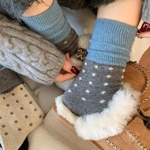羊毛保暖袜子女中筒袜秋冬款 加厚加绒圆点波点拼接冬天长袜堆堆袜