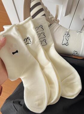 卡通刺绣小狗袜子女中筒春秋冬季款白色卷边纯棉可爱日系长袜