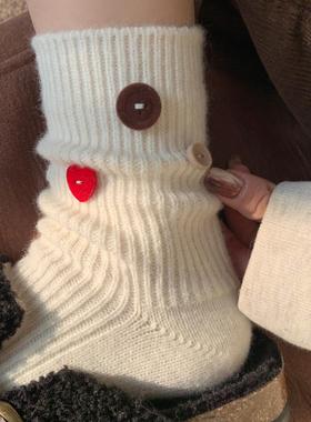 小众设计款纽扣袜子女秋冬加厚保暖羊毛袜潮流重工日系简约堆堆袜