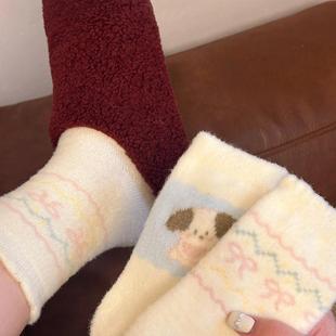 费尔岛花边澳绒袜子女秋冬加厚保暖卡通大耳狗蝴蝶结睡眠中筒袜