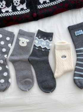 日系灰色系袜子女秋冬季新款中筒袜可爱卡通小熊加厚春秋堆堆袜女
