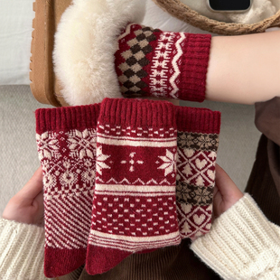 红色本命年费尔岛复古羊毛袜子圣诞袜女士冬季 加厚保暖中筒袜 新款