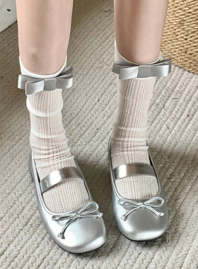 蝴蝶结袜子女芭蕾风灰色中筒袜夏季薄款竖纹网红白色ins风堆堆袜