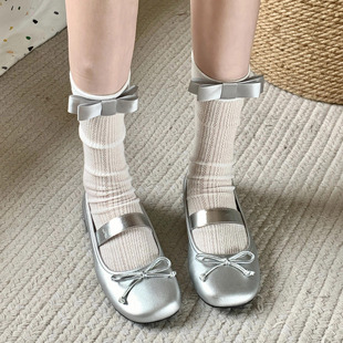 蝴蝶结袜子女芭蕾风灰色中筒袜夏季薄款竖纹网红白色ins风堆堆袜