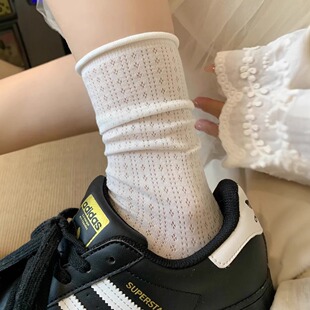 夏季 袜子无骨镂空透气网眼月子袜纯色百搭中筒袜冰冰堆堆袜 薄款