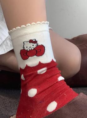 新年圣诞节袜子红色系kt猫满印花边可爱甜美日系中筒袜本命年袜子