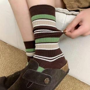 秋冬复古条纹中筒袜女简约学院ins风无骨堆堆袜 百看不腻