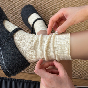 棉麻感粗线袜子女纯色中筒袜秋冬季ins潮日系配勃肯鞋百搭堆堆袜