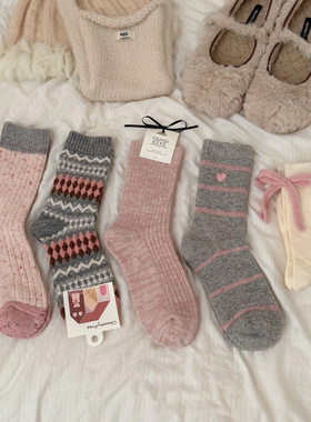 韩国粉色羊毛袜子女秋冬款加绒加厚保暖2025新款长筒堆堆袜网红袜