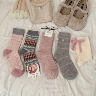 韩国粉色羊毛袜子女秋冬款 长筒堆堆袜网红袜 加绒加厚保暖2025新款