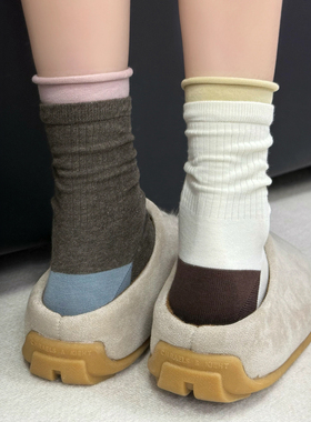 撞色假两件中筒袜子女春秋小众时髦双层拼色竖条长筒显瘦堆堆长袜