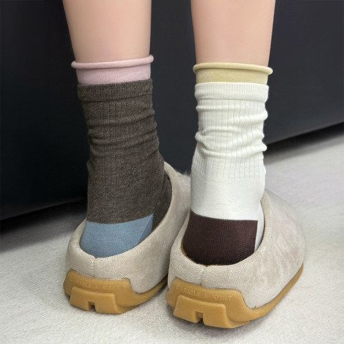 撞色假两件中筒袜子女春秋小众时髦双层拼色竖条长筒显瘦堆堆长袜