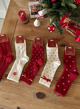 songmu淞木袜子女纯棉纱线防臭本命年2026马年红色秋冬中筒长筒袜