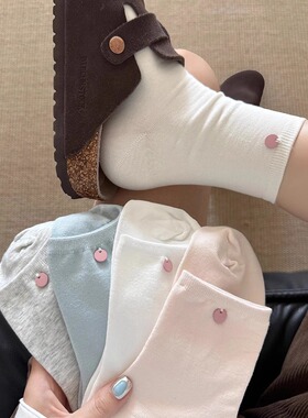 白色袜子女中筒袜春夏薄款纯棉ins潮纽扣韩国日系运动彩色长筒袜