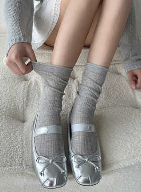 灰色系泡泡口中筒袜子夏季薄款女日系竖条纹灰色袜子ins风堆堆袜