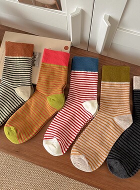飞凡棉品条纹袜子女中筒袜春秋款非纯棉韩国日系网红外穿秋冬长袜