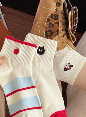 可爱刺绣白色袜子女短袜ins潮纯棉春夏季薄款日系卡通条纹中筒袜
