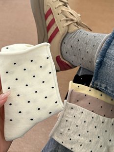 长袜子 卷边波点袜子女中筒袜ins非纯棉春秋日系jk堆堆袜学生夏季