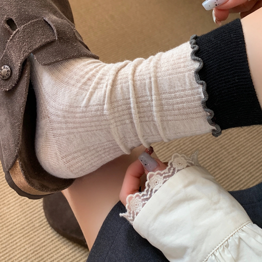 无骨镂空网眼袜子女竖纹芭蕾风撞色系ins蛋糕花边棉袜复古中筒袜