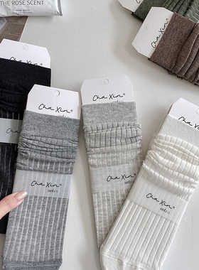 芭蕾风条纹夏季薄款灰色袜子女中筒袜ins潮百搭长袜日系堆堆长袜