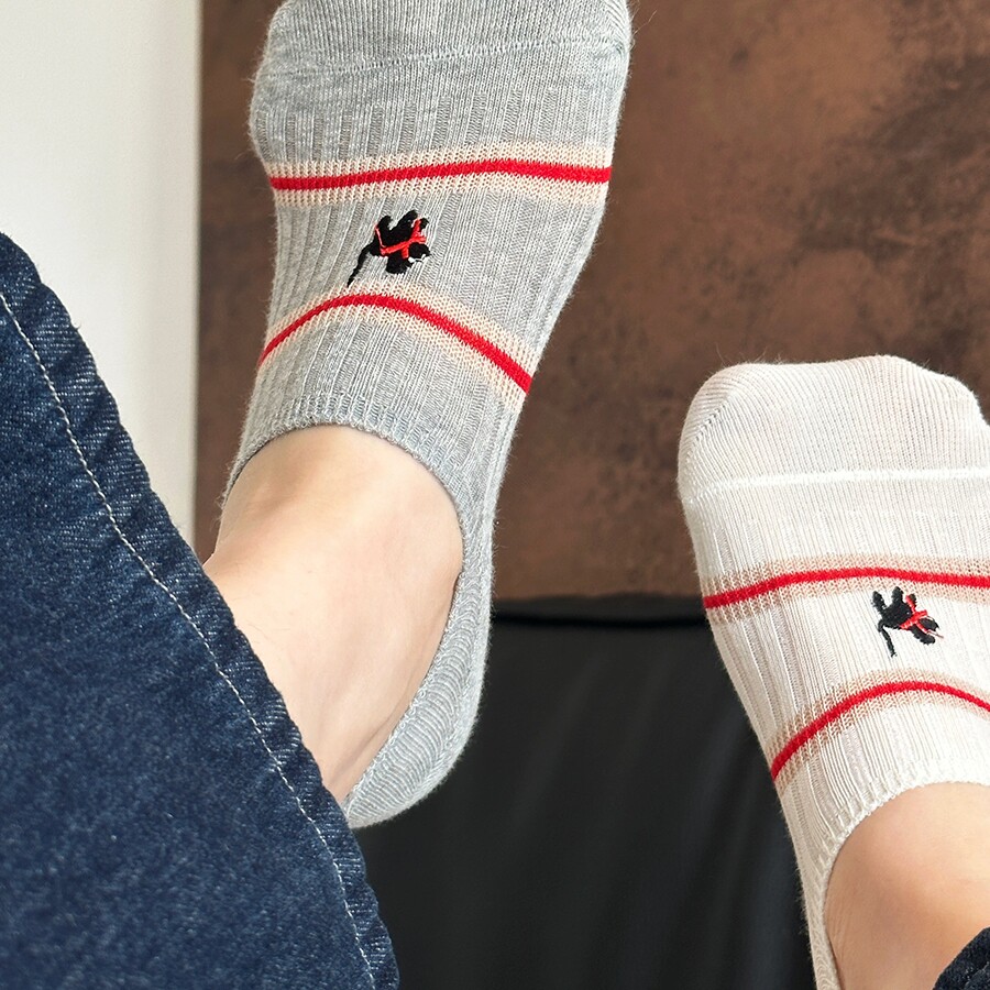 刺绣围脖小狗双针隐形袜夏季时尚日系复古撞色条纹不掉跟船袜