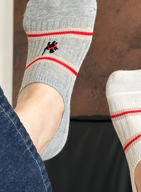 刺绣围脖小狗双针隐形袜夏季时尚日系复古撞色条纹不掉跟船袜