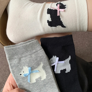 春夏薄款 西高地蝴蝶结小狗袜日系可爱袜子女中筒吸汗透气休闲棉袜