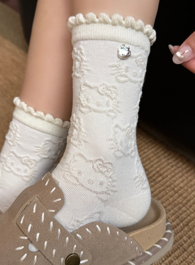 袜子女花边堆堆袜卡通可爱小猫吊坠棉袜可爱春秋季中筒袜子女
