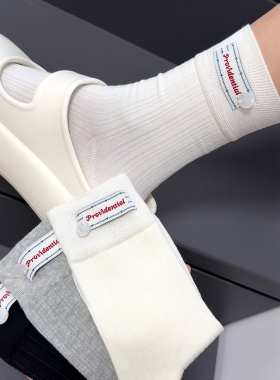 韩版灰色布标贝壳袜子女纯棉中筒袜无骨堆堆袜搭配勃肯鞋春秋长袜