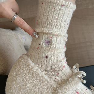 羊毛爱心袜子女中筒袜秋冬款 加厚加绒保暖毛绒睡眠冬天长袜堆堆袜