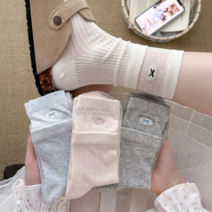 韩系甜美风蝴蝶结刺绣网眼中筒袜女薄款 百搭少女堆堆袜 透气春夏季