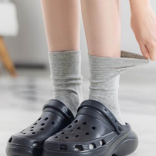 灰色袜子女夏天薄款纯色无骨袜中筒袜春秋季月子袜配洞洞鞋堆堆袜