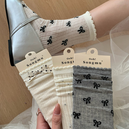 蝴蝶结芭蕾风薄款透气中筒袜女