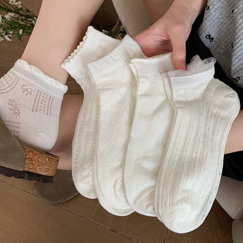 白色卷边袜子女短袜ins潮纯棉夏季薄款镂空日系花边芭蕾风中筒袜